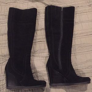 Nine west knee high black suede wedge boots
